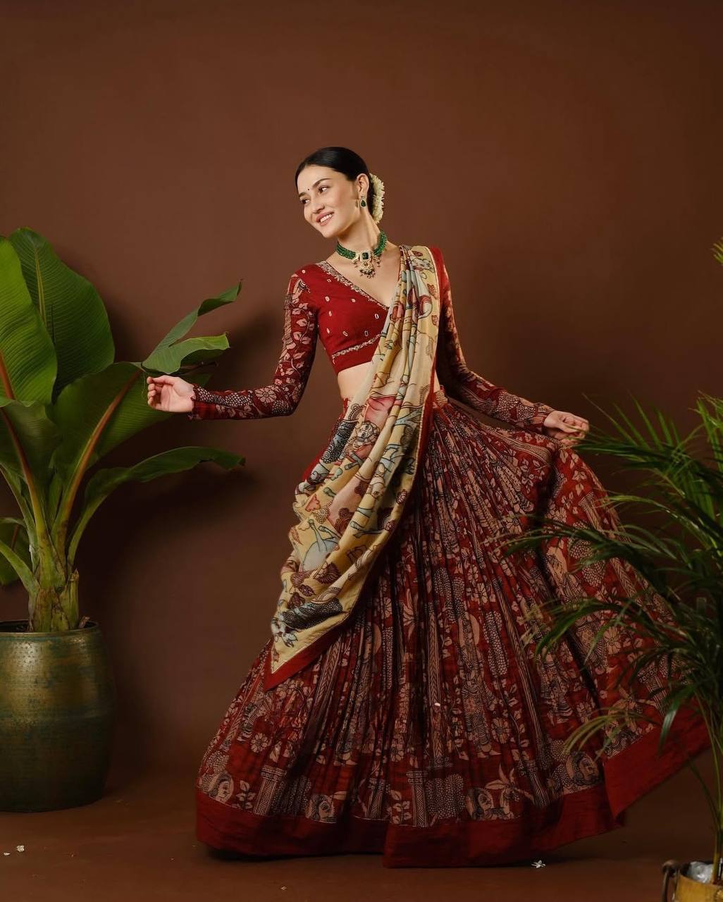 Maroon Kalamkari Printed Chinon Lehenga Choli Set with Dupatta