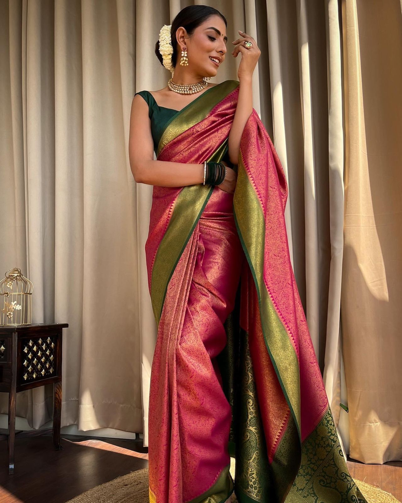 Pink & Green Border Pure Banarasi Silk Saree Stylish Blouse Piece - Almaari Fashion