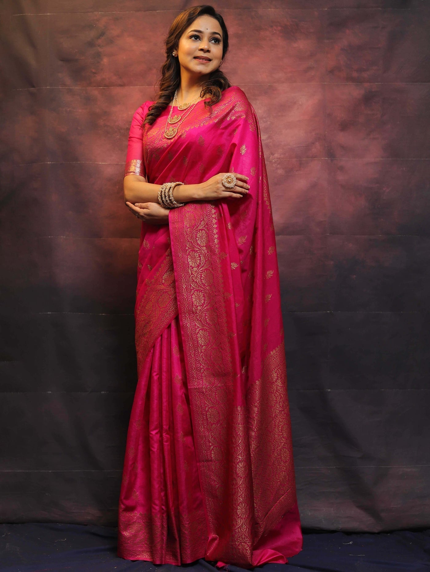 Pink Pure Banarasi Silk Weaved With Copper Zari Comes With Heavy Banarasi Brocade Blouse - Almaari Fashion