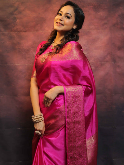 Pink Pure Banarasi Silk Weaved With Copper Zari Comes With Heavy Banarasi Brocade Blouse - Almaari Fashion