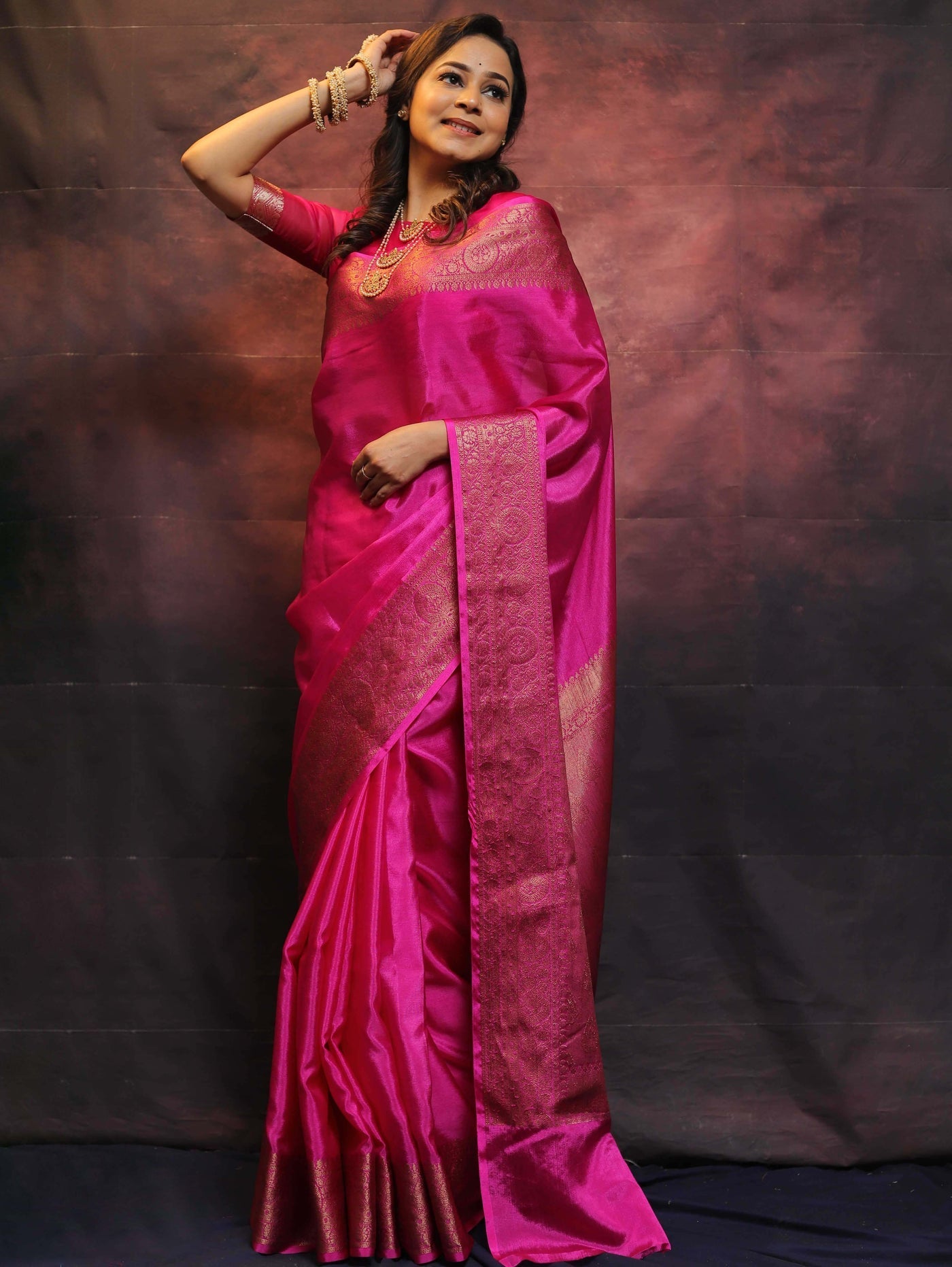 Pink Pure Banarasi Silk Weaved With Copper Zari Comes With Heavy Banarasi Brocade Blouse - Almaari Fashion