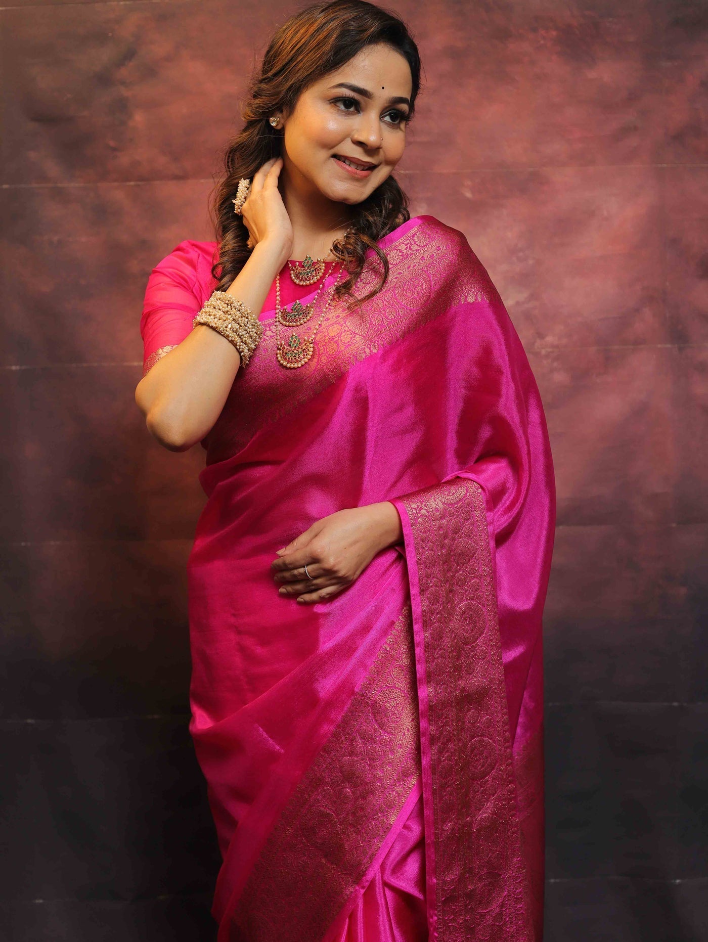 Pink Pure Banarasi Silk Weaved With Copper Zari Comes With Heavy Banarasi Brocade Blouse - Almaari Fashion