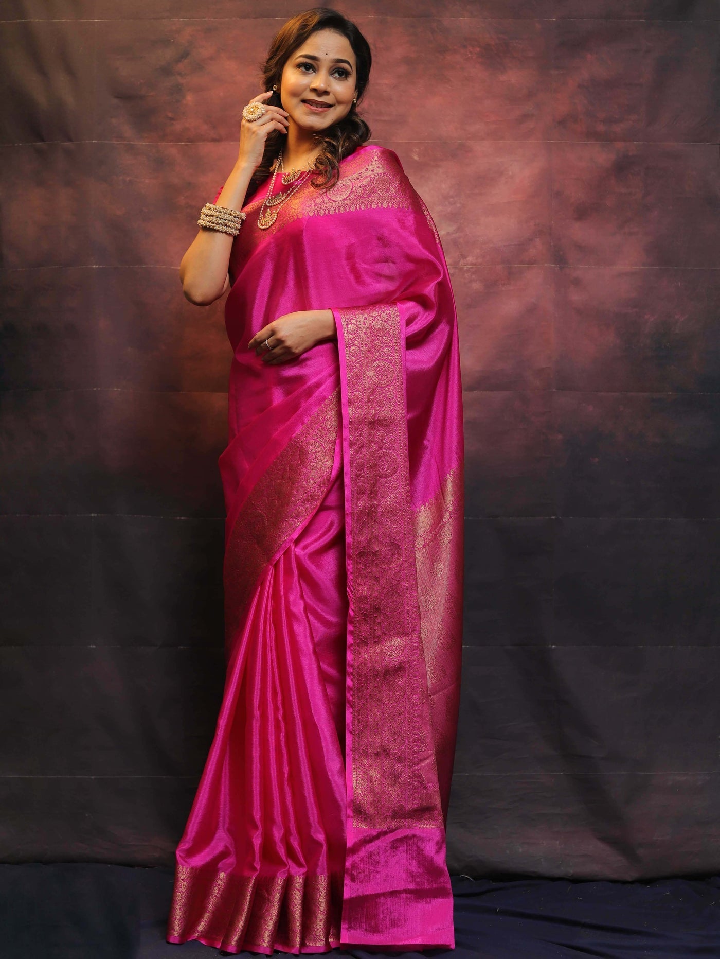 Pink Pure Banarasi Silk Weaved With Copper Zari Comes With Heavy Banarasi Brocade Blouse - Almaari Fashion