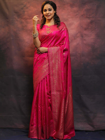 Pink Pure Banarasi Silk Weaved With Copper Zari Comes With Heavy Banarasi Brocade Blouse - Almaari Fashion