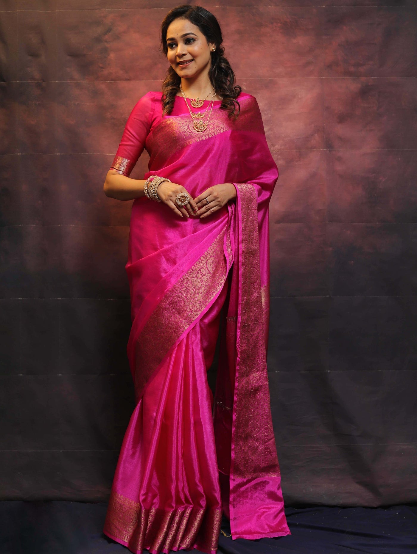 Pink Pure Banarasi Silk Weaved With Copper Zari Comes With Heavy Banarasi Brocade Blouse - Almaari Fashion