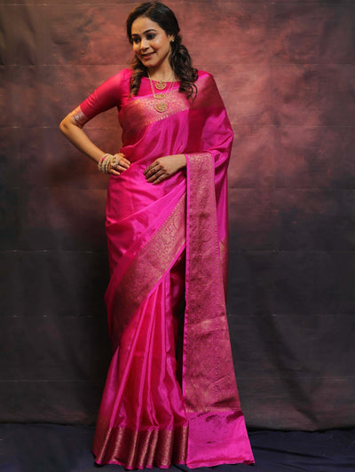 Pink Pure Banarasi Silk Weaved With Copper Zari Comes With Heavy Banarasi Brocade Blouse - Almaari Fashion