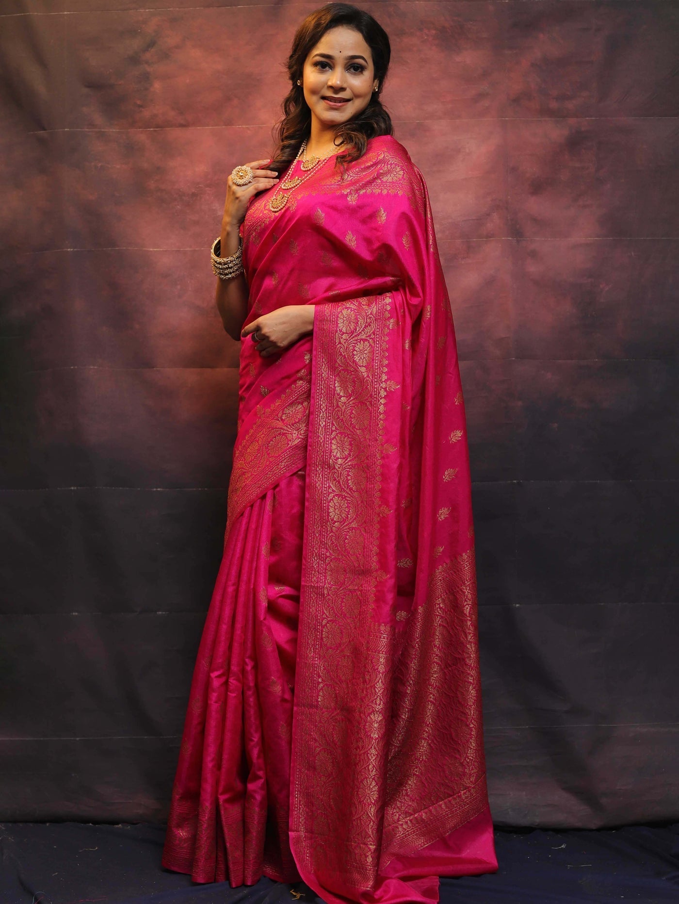 Pink Pure Banarasi Silk Weaved With Copper Zari Comes With Heavy Banarasi Brocade Blouse - Almaari Fashion