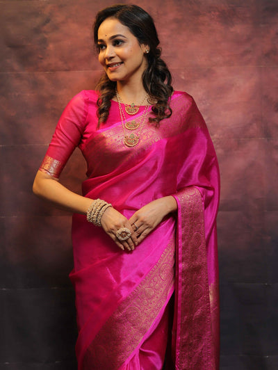 Pink Pure Banarasi Silk Weaved With Copper Zari Comes With Heavy Banarasi Brocade Blouse - Almaari Fashion