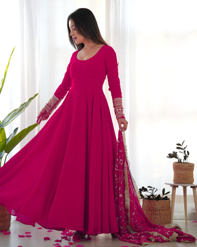 Pink Pure Georgette Anarkali Suit With Huge Flair Comes With Duppatta & Pant - Almaari Fashion