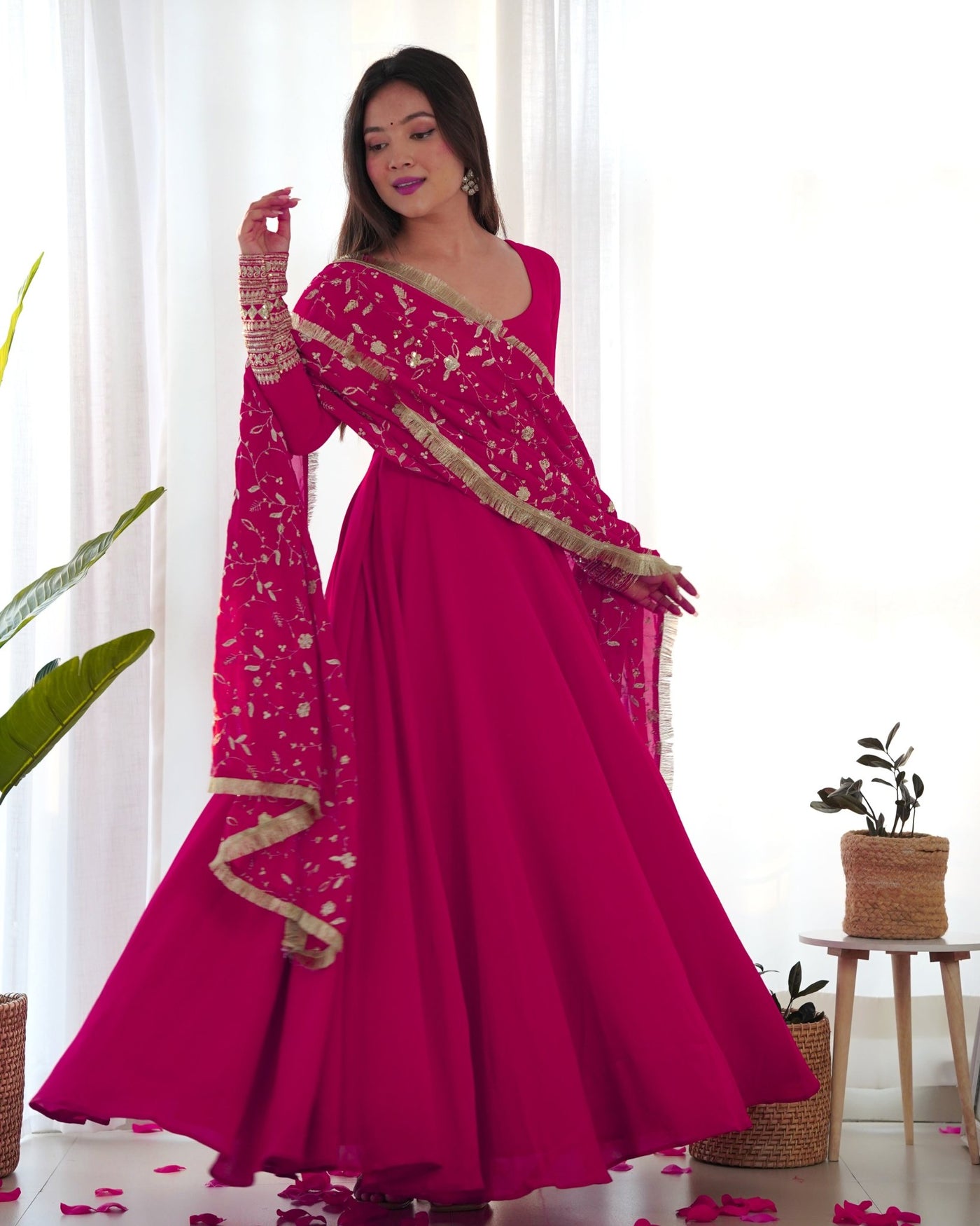 Pink Pure Georgette Anarkali Suit With Huge Flair Comes With Duppatta & Pant - Almaari Fashion