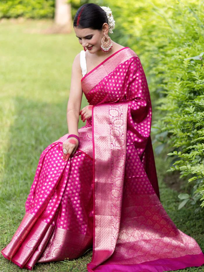 Pink Pure Kanjivaram Silk Saree Stylish Blouse Piece - Almaari Fashion