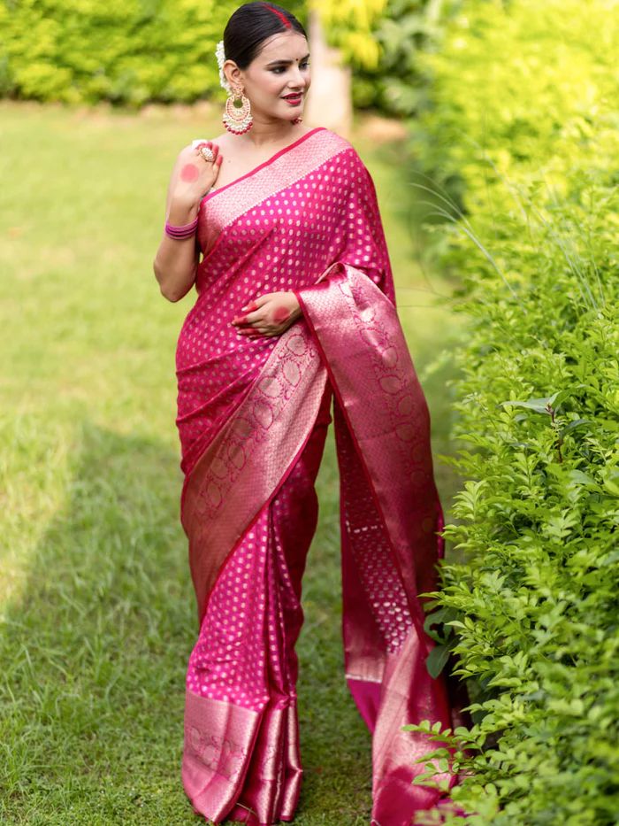 Pink Pure Kanjivaram Silk Saree Stylish Blouse Piece - Almaari Fashion