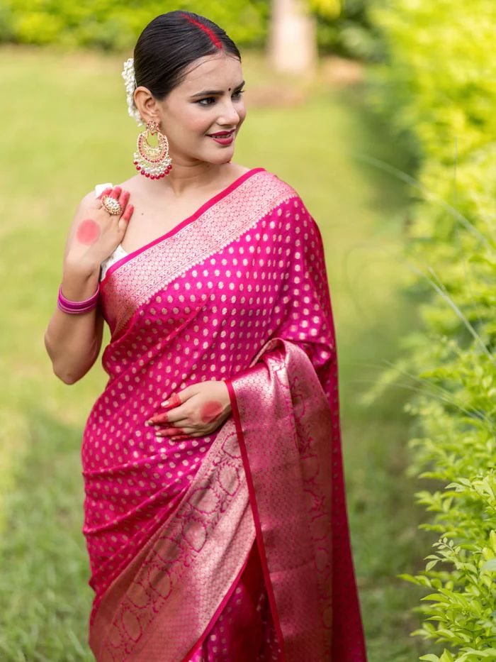 Pink Pure Kanjivaram Silk Saree Stylish Blouse Piece - Almaari Fashion