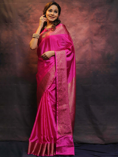 Pink Pure Kanjivaram Silk Weaved With Copper Zari Comes With Heavy Kanjivaram Brocade Blouse - Almaari Fashion