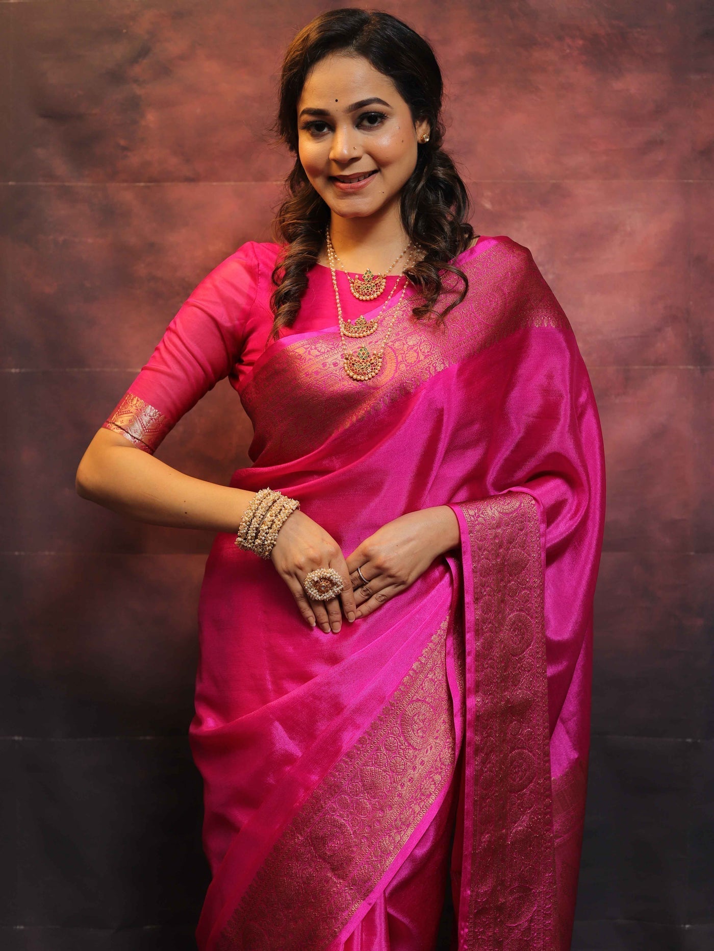 Pink Pure Kanjivaram Silk Weaved With Copper Zari Comes With Heavy Kanjivaram Brocade Blouse - Almaari Fashion