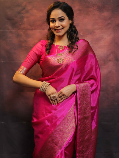 Pink Pure Kanjivaram Silk Weaved With Copper Zari Comes With Heavy Kanjivaram Brocade Blouse - Almaari Fashion