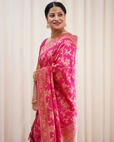 Pink Pure Kanjivaram Silk With Twirling Blouse Piece - Almaari Fashion