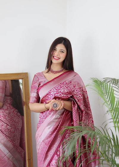 Pink & Silver Pure Banarasi Silk Saree Stylish Blouse Piece - Almaari Fashion