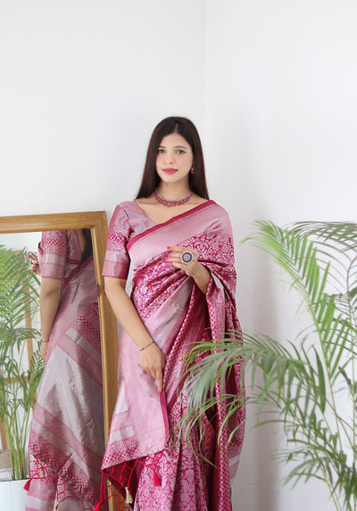 Pink & Silver Pure Banarasi Silk Saree Stylish Blouse Piece - Almaari Fashion