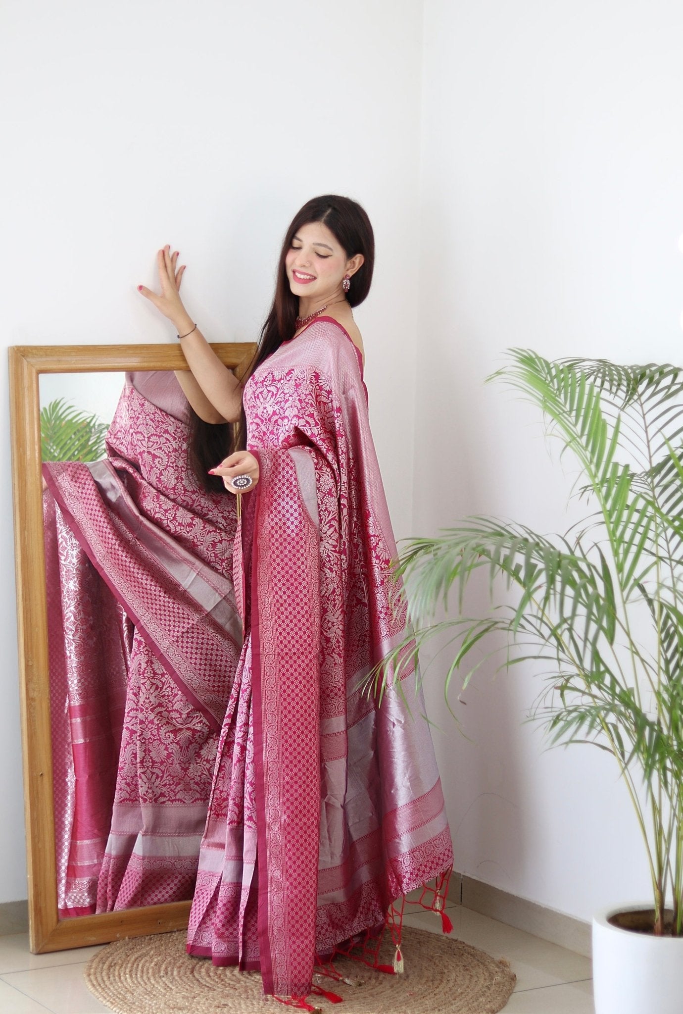 Pink & Silver Pure Banarasi Silk Saree Stylish Blouse Piece - Almaari Fashion