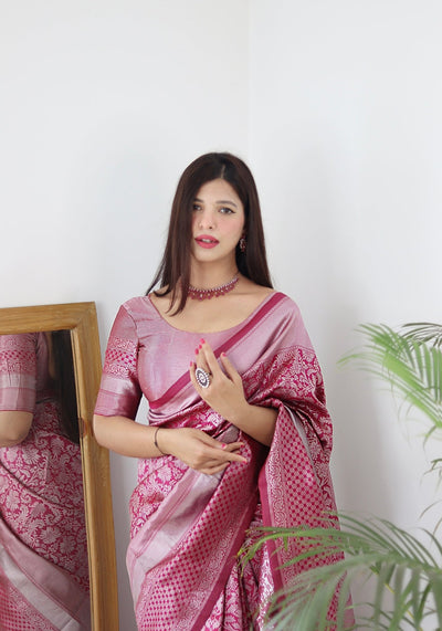 Pink & Silver Pure Banarasi Silk Saree Stylish Blouse Piece - Almaari Fashion