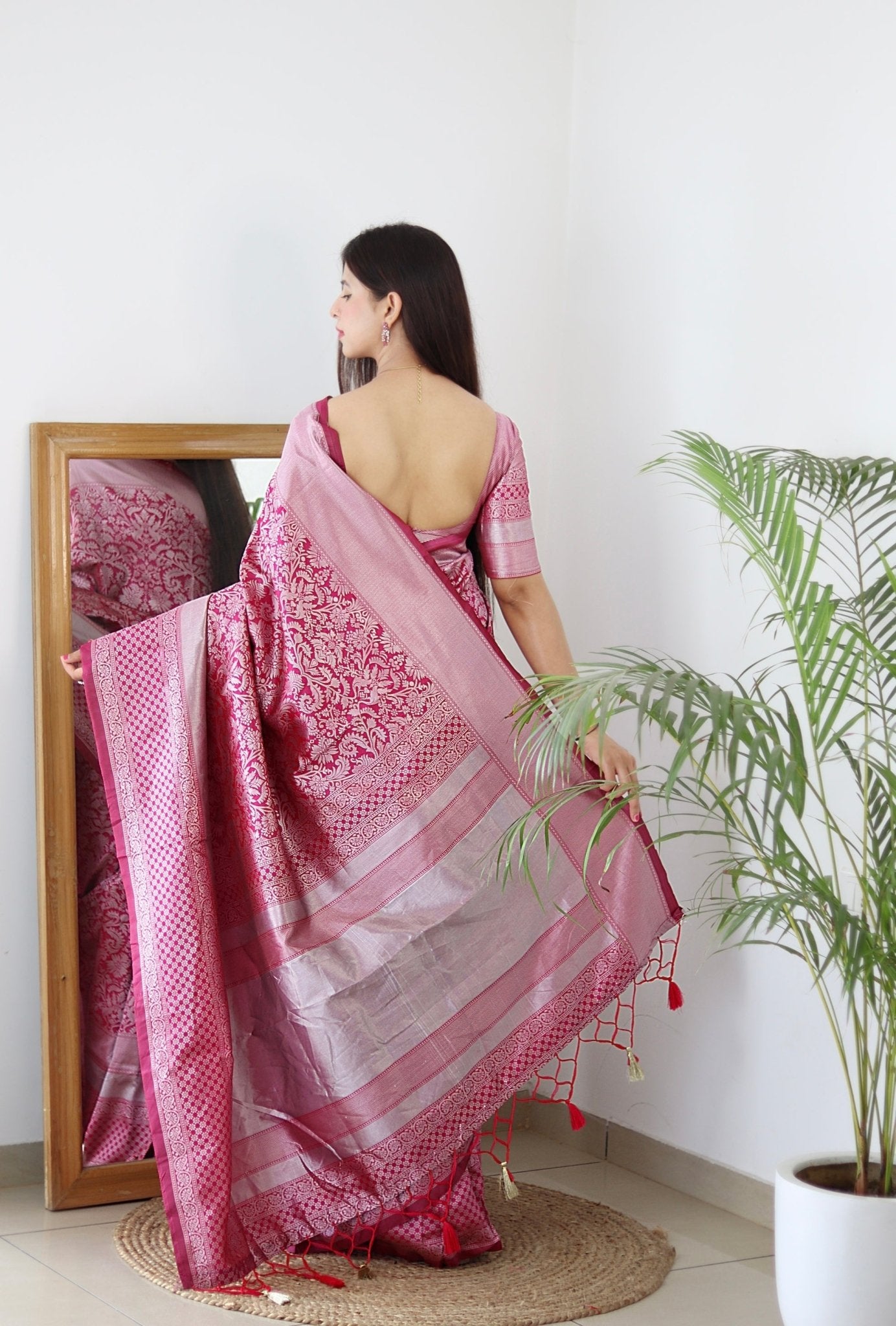 Pink & Silver Pure Banarasi Silk Saree Stylish Blouse Piece - Almaari Fashion