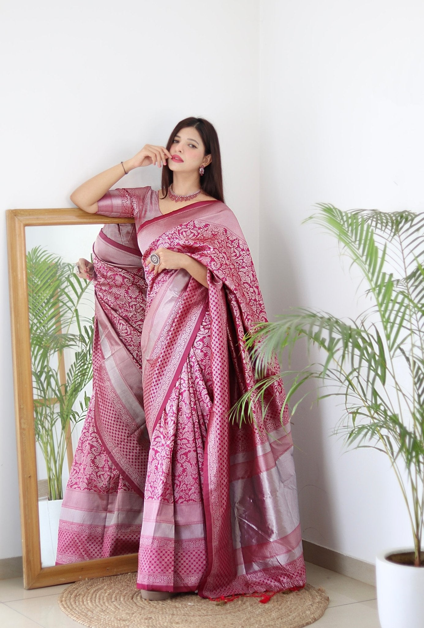 Pink & Silver Pure Banarasi Silk Saree Stylish Blouse Piece - Almaari Fashion