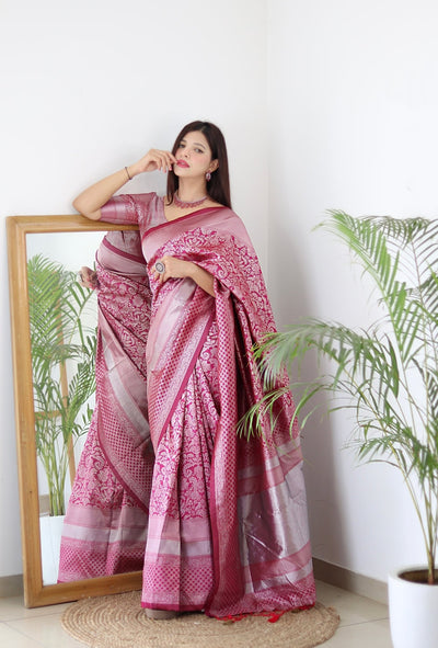 Pink & Silver Pure Banarasi Silk Saree Stylish Blouse Piece - Almaari Fashion