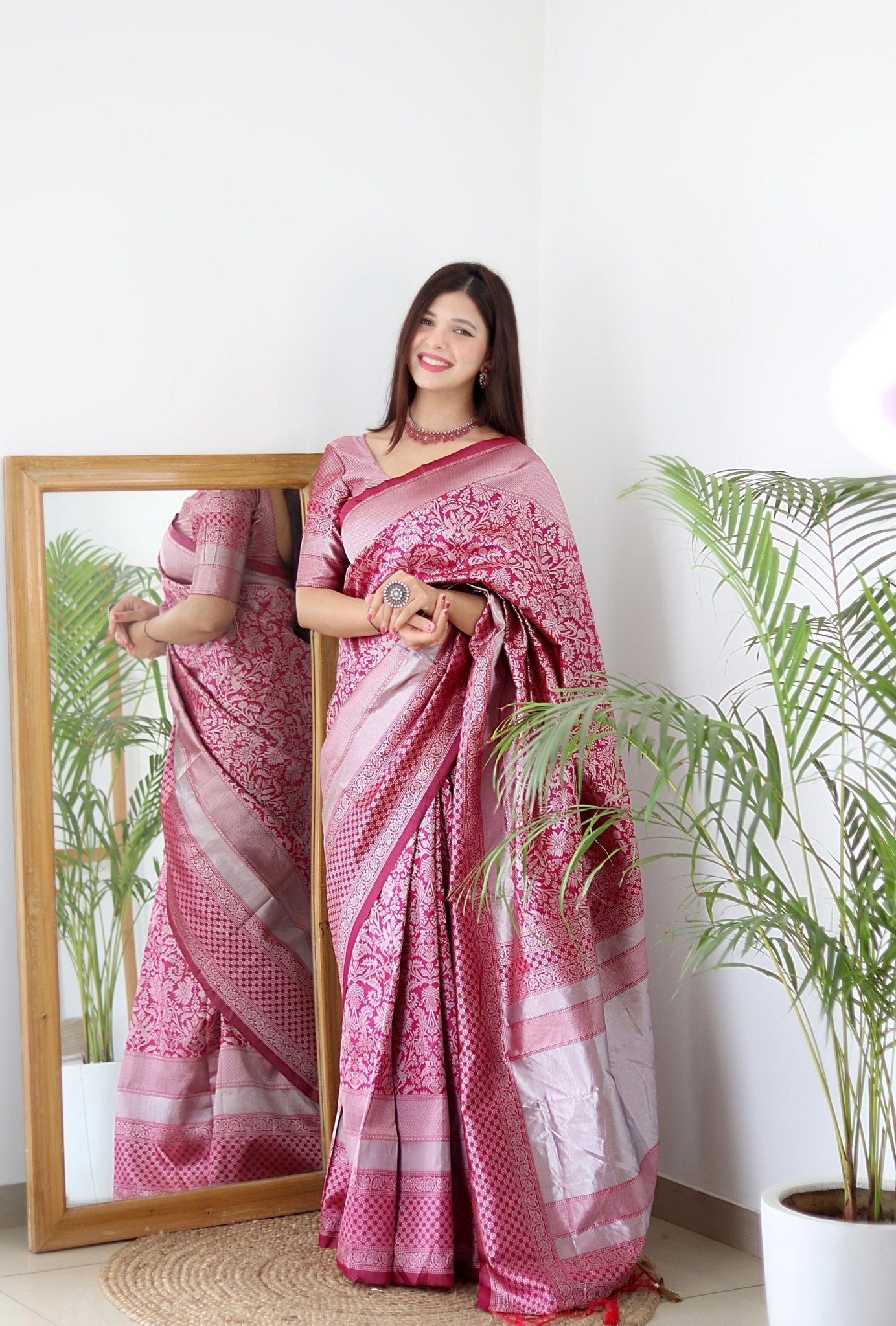 Pink & Silver Pure Banarasi Silk Saree Stylish Blouse Piece - Almaari Fashion