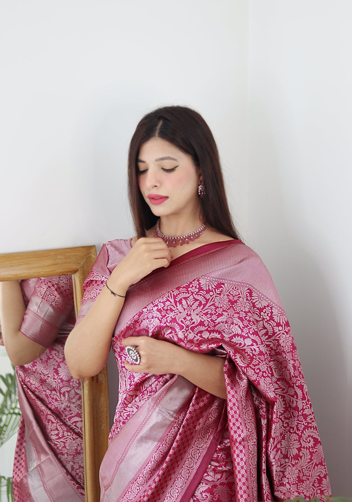 Pink & Silver Pure Banarasi Silk Saree Stylish Blouse Piece - Almaari Fashion