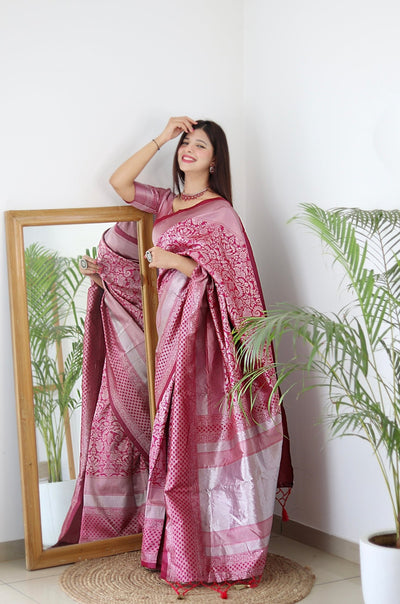 Pink & Silver Pure Banarasi Silk Saree Stylish Blouse Piece - Almaari Fashion