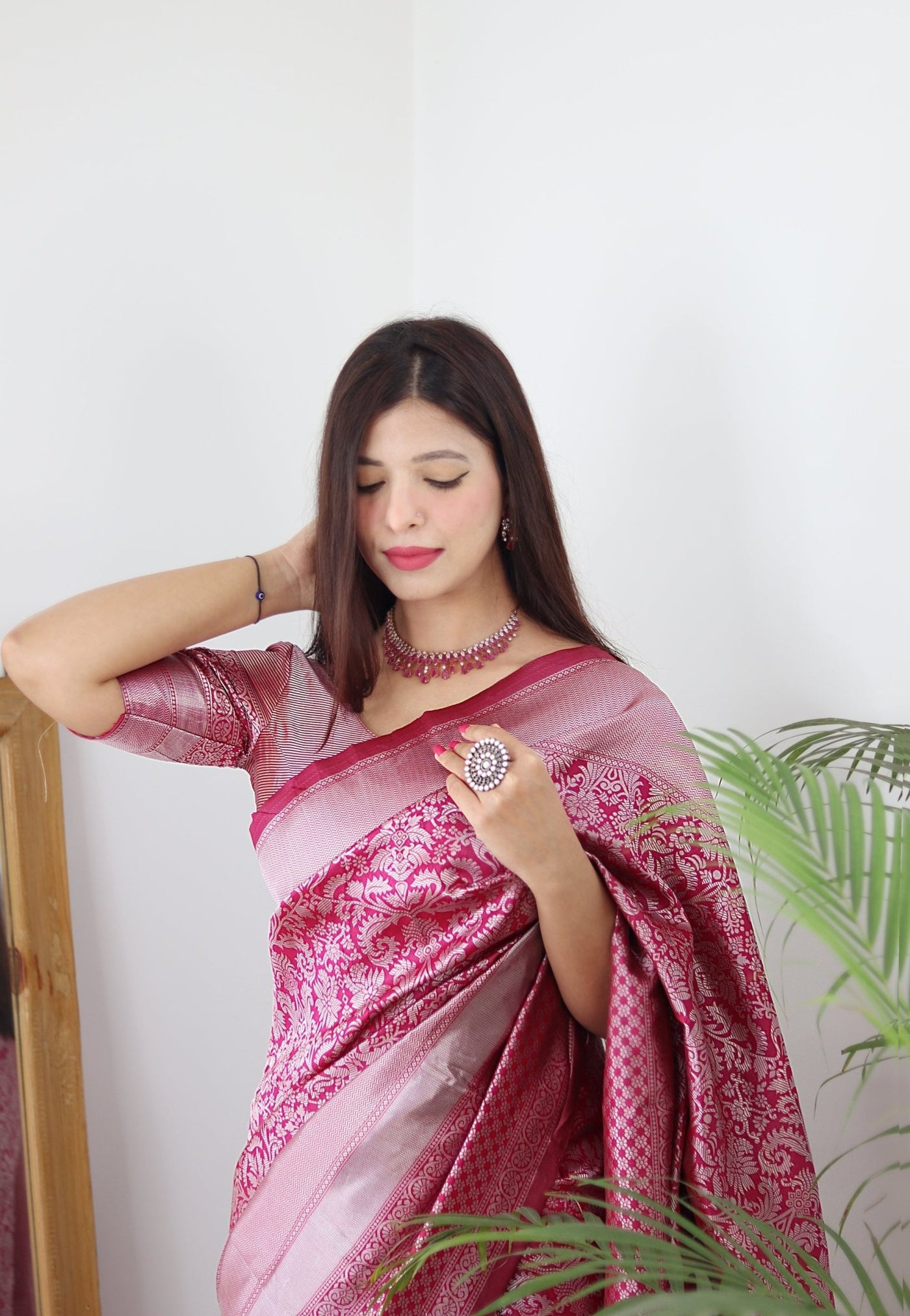 Pink & Silver Pure Banarasi Silk Saree Stylish Blouse Piece - Almaari Fashion