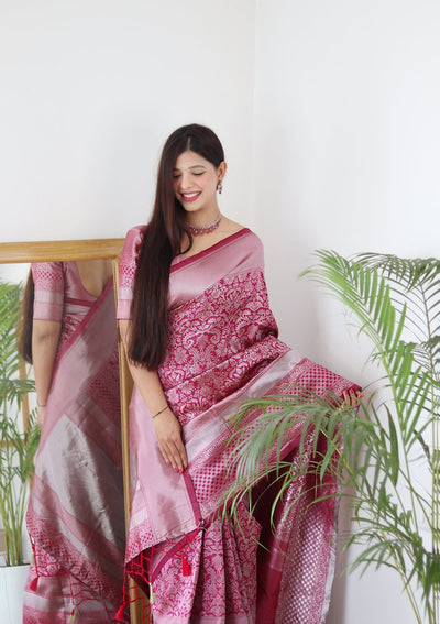 Pink & Silver Pure Banarasi Silk Saree Stylish Blouse Piece - Almaari Fashion