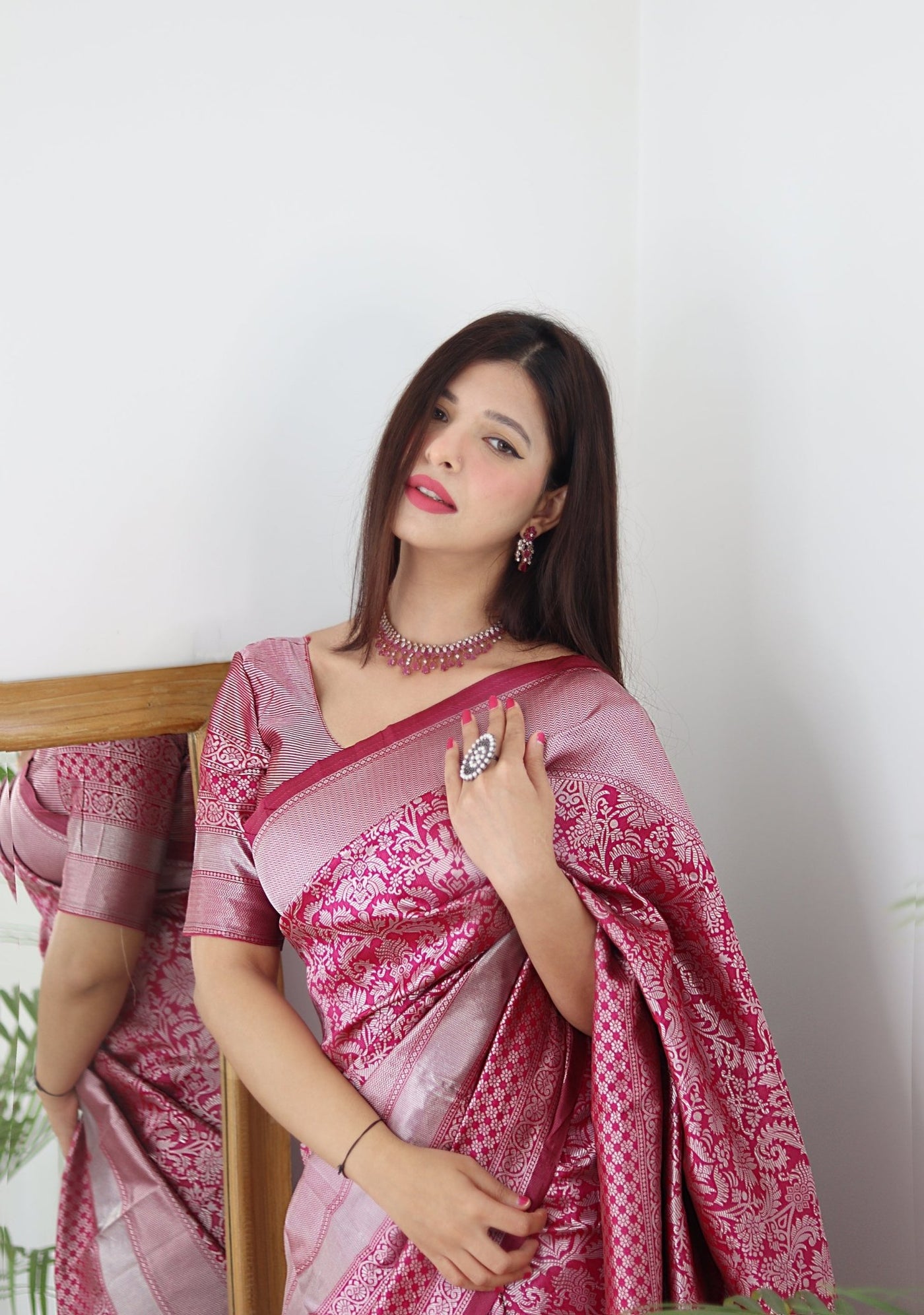 Pink & Silver Pure Banarasi Silk Saree Stylish Blouse Piece - Almaari Fashion