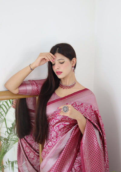 Pink & Silver Pure Banarasi Silk Saree Stylish Blouse Piece - Almaari Fashion