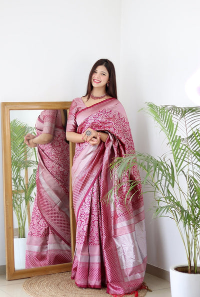 Pink & Silver Pure Kanjivaram Silk Saree Stylish Blouse Piece - Almaari Fashion