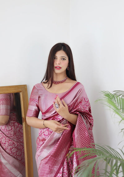 Pink & Silver Pure Kanjivaram Silk Saree Stylish Blouse Piece - Almaari Fashion