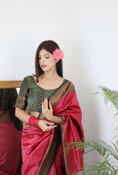 Pink With Green Border Pure Pure Banarasi Silk With Twirling Blouse Piece - Almaari Fashion