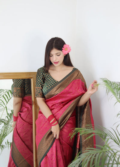 Pink With Green Border Pure Pure Banarasi Silk With Twirling Blouse Piece - Almaari Fashion