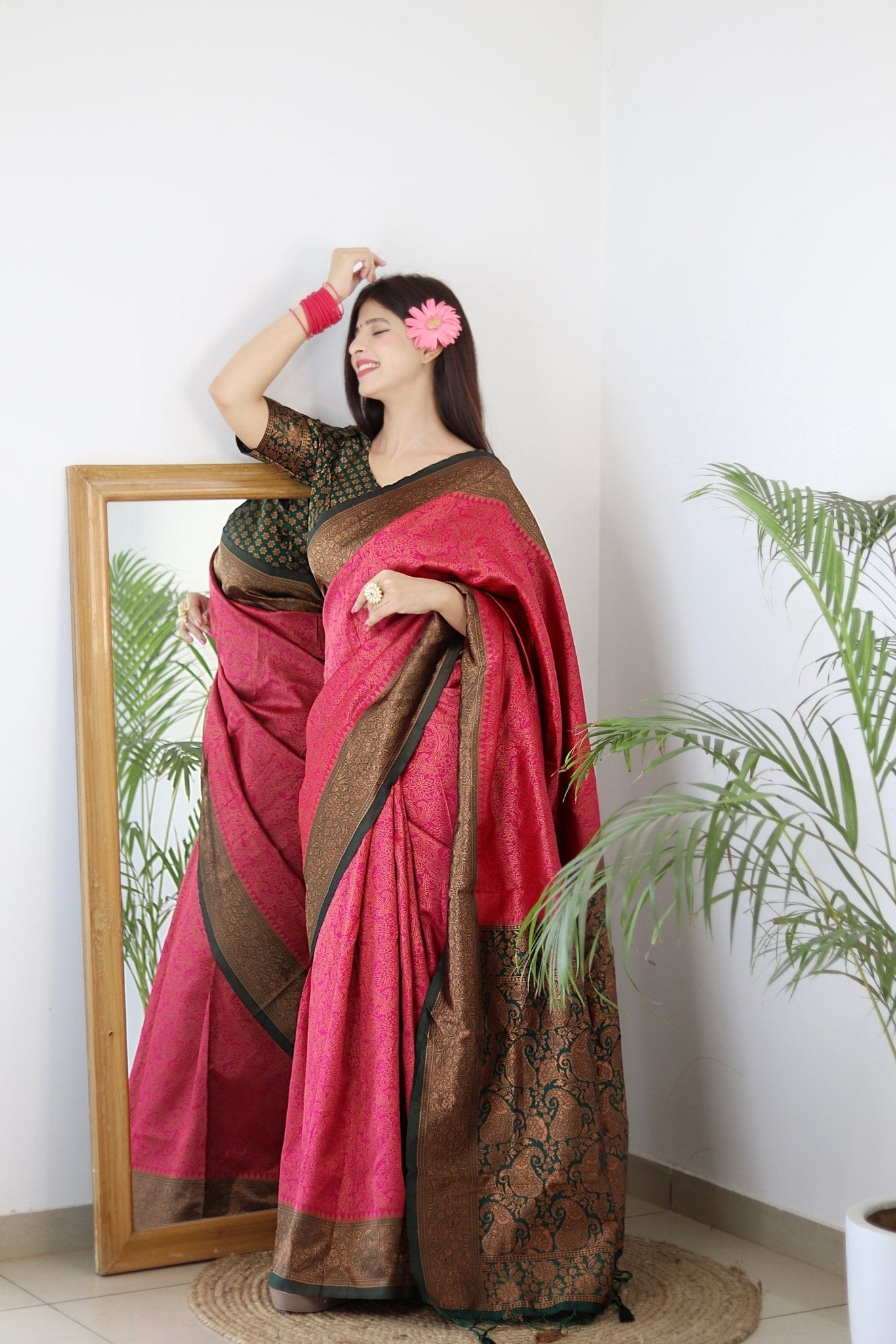 Pink With Green Border Pure Pure Banarasi Silk With Twirling Blouse Piece - Almaari Fashion