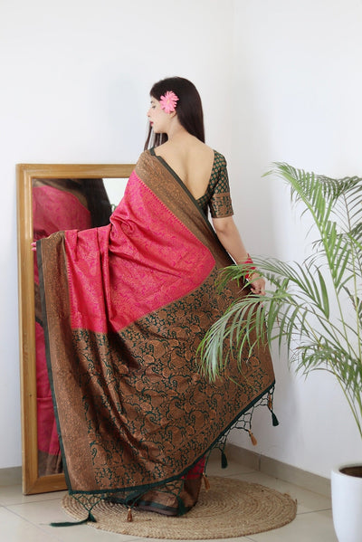 Pink With Green Border Pure Pure Banarasi Silk With Twirling Blouse Piece - Almaari Fashion