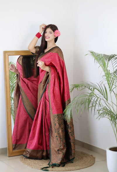 Pink With Green Border Pure Pure Banarasi Silk With Twirling Blouse Piece - Almaari Fashion