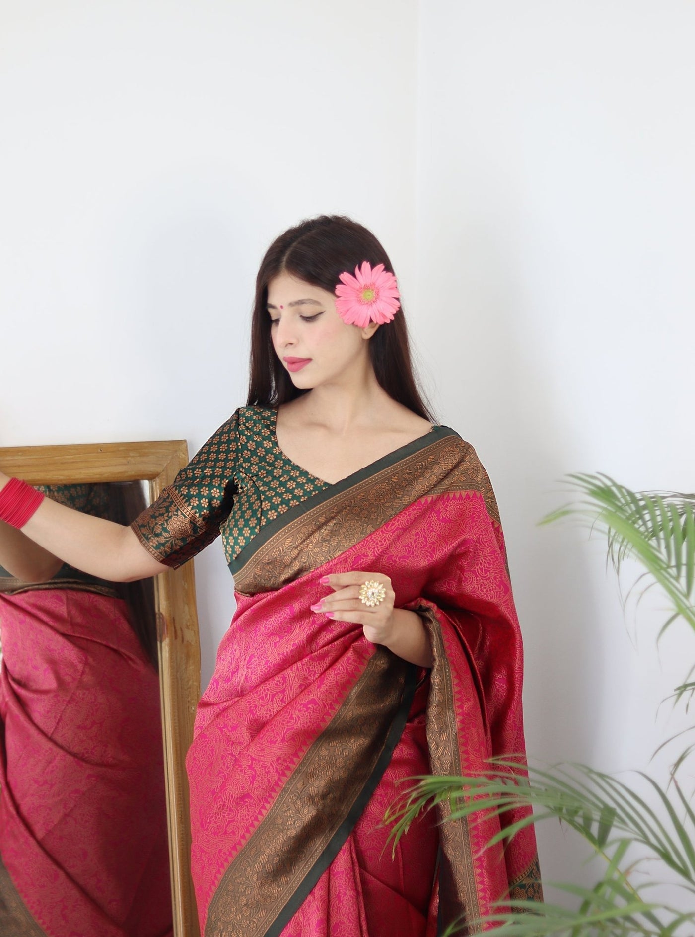 Pink With Green Border Pure Pure Banarasi Silk With Twirling Blouse Piece - Almaari Fashion