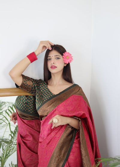 Pink With Green Border Pure Pure Banarasi Silk With Twirling Blouse Piece - Almaari Fashion