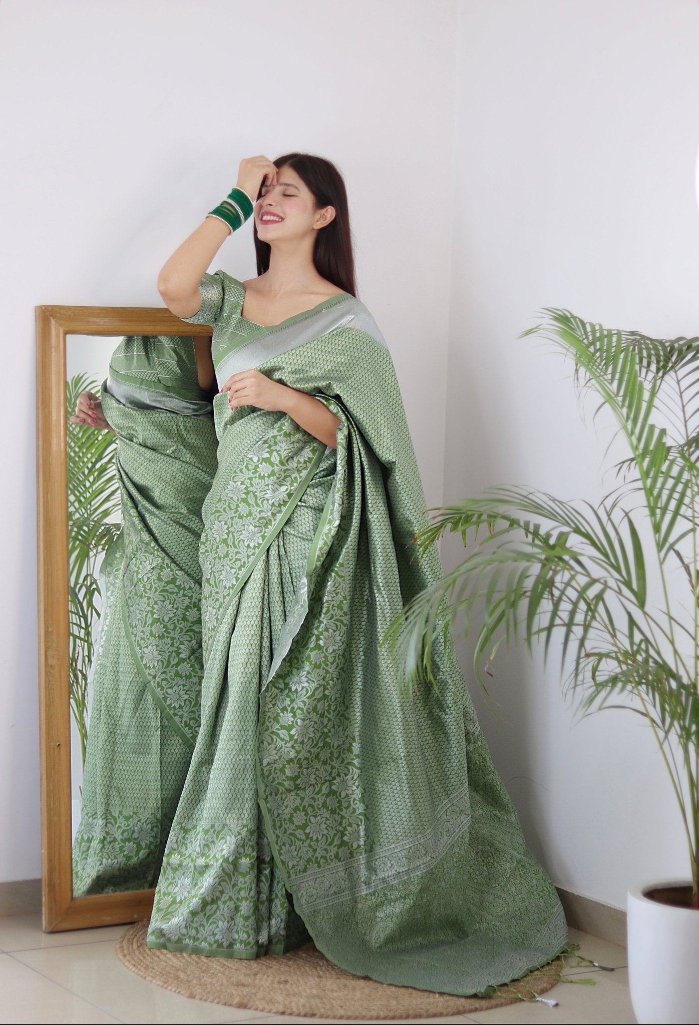 Pista Blue Pure Kanjivaram Silk Saree With Twirling Blouse Piece - Almaari Fashion