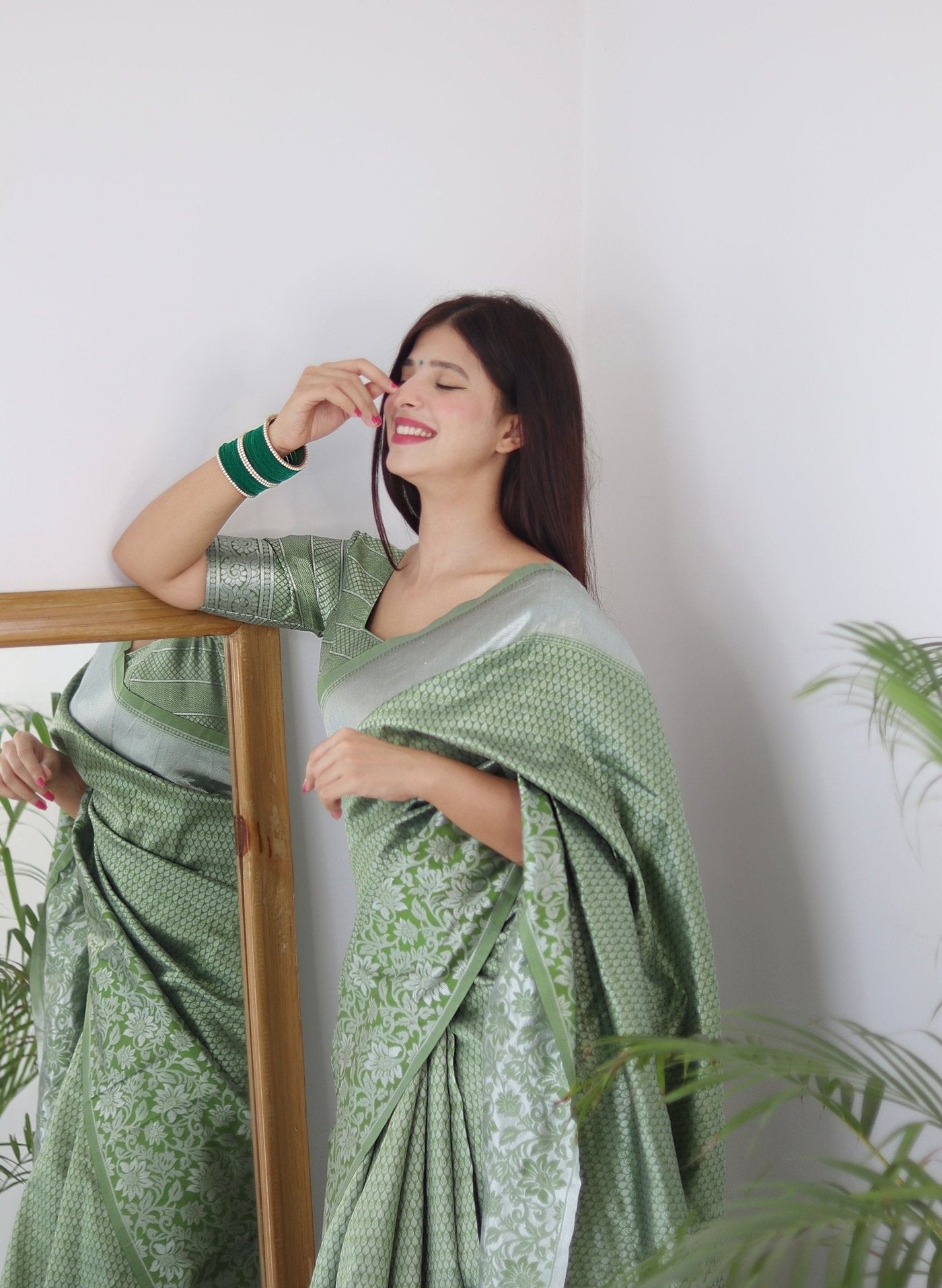 Pista Blue Pure Kanjivaram Silk Saree With Twirling Blouse Piece - Almaari Fashion