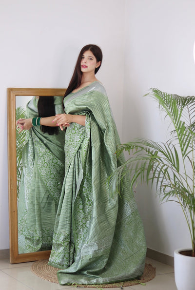 Pista Blue Pure Kanjivaram Silk Saree With Twirling Blouse Piece - Almaari Fashion