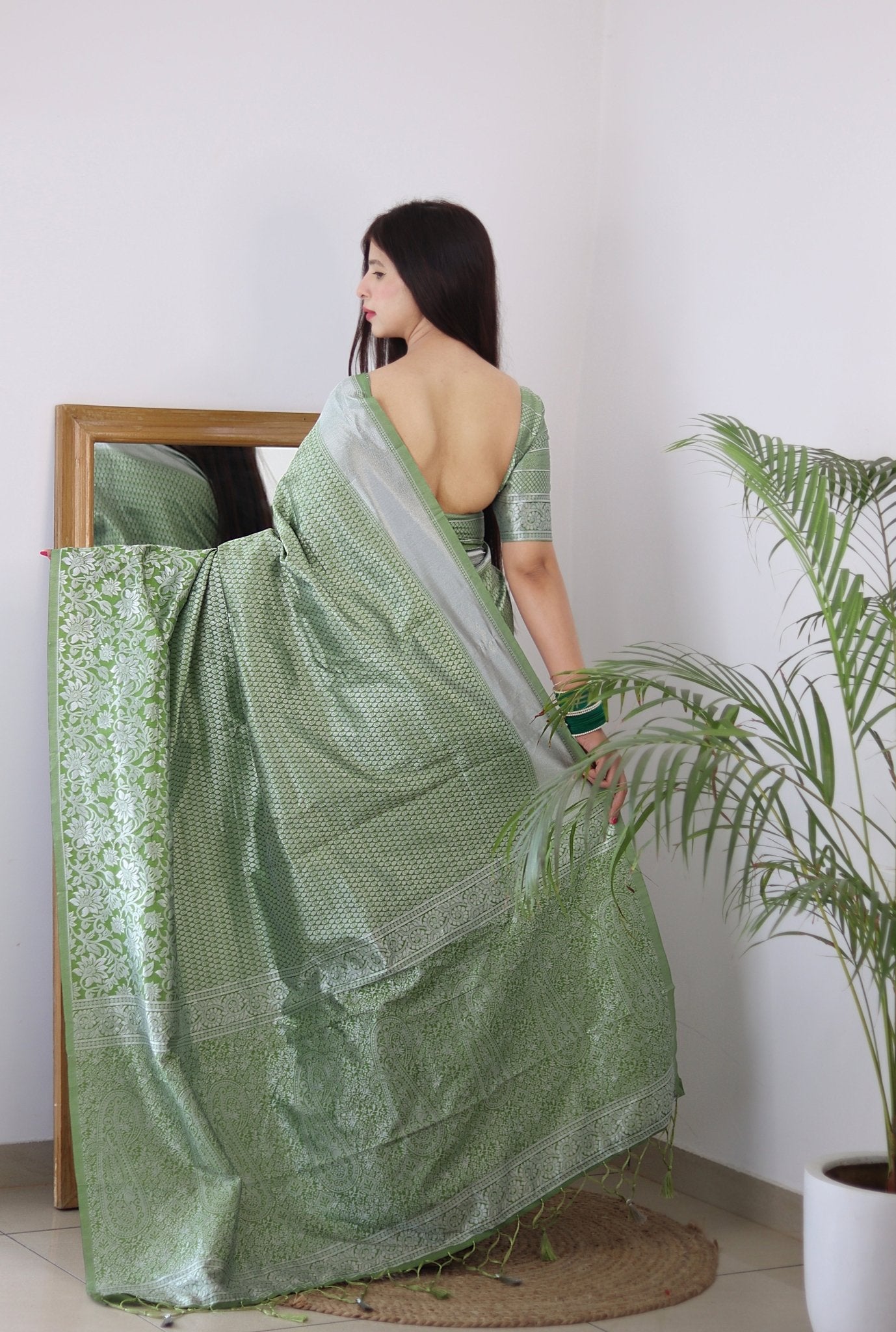 Pista Blue Pure Kanjivaram Silk Saree With Twirling Blouse Piece - Almaari Fashion