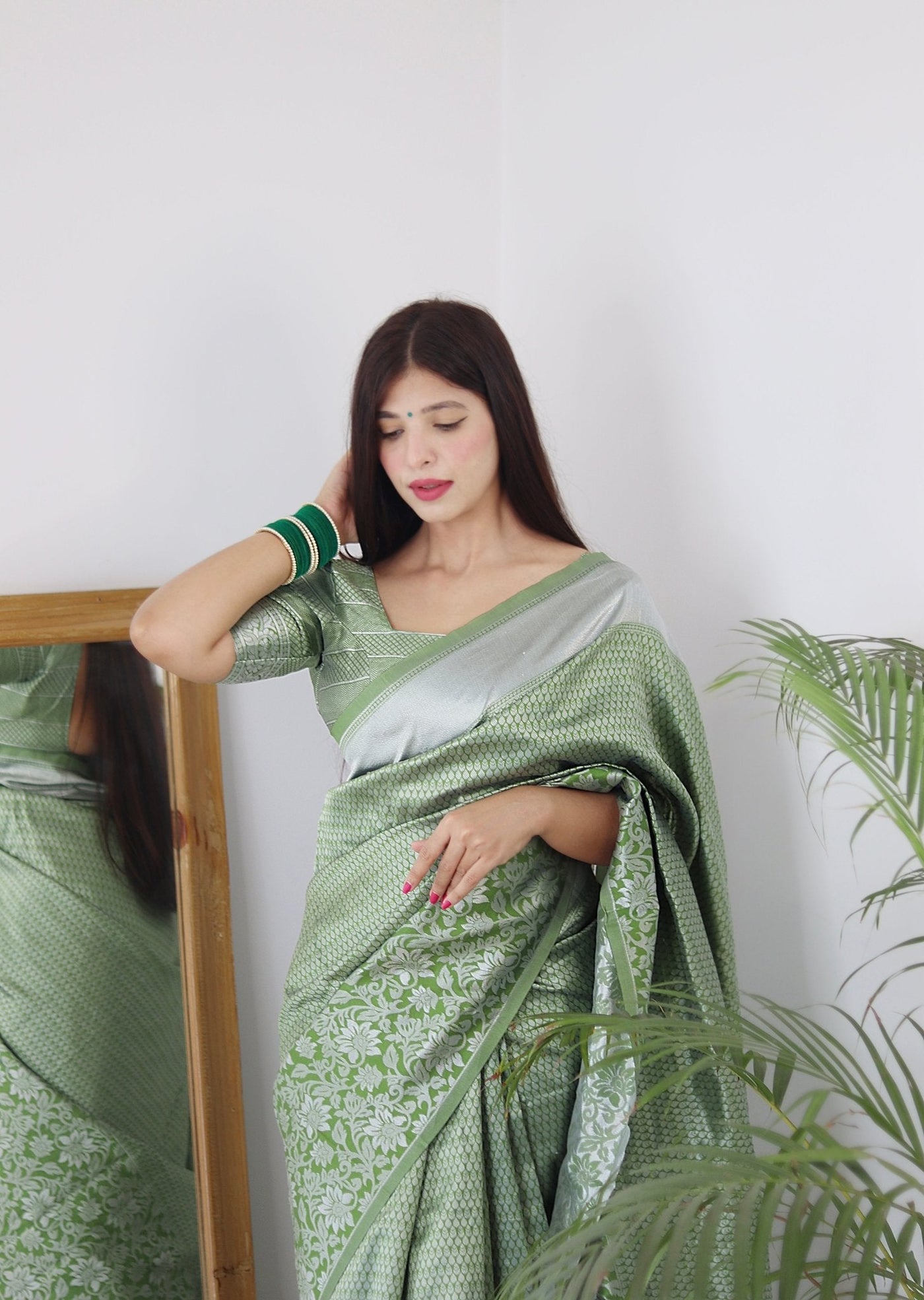 Pista Blue Pure Kanjivaram Silk Saree With Twirling Blouse Piece - Almaari Fashion