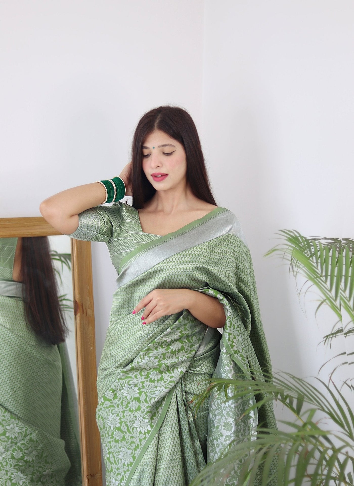 Pista Blue Pure Kanjivaram Silk Saree With Twirling Blouse Piece - Almaari Fashion